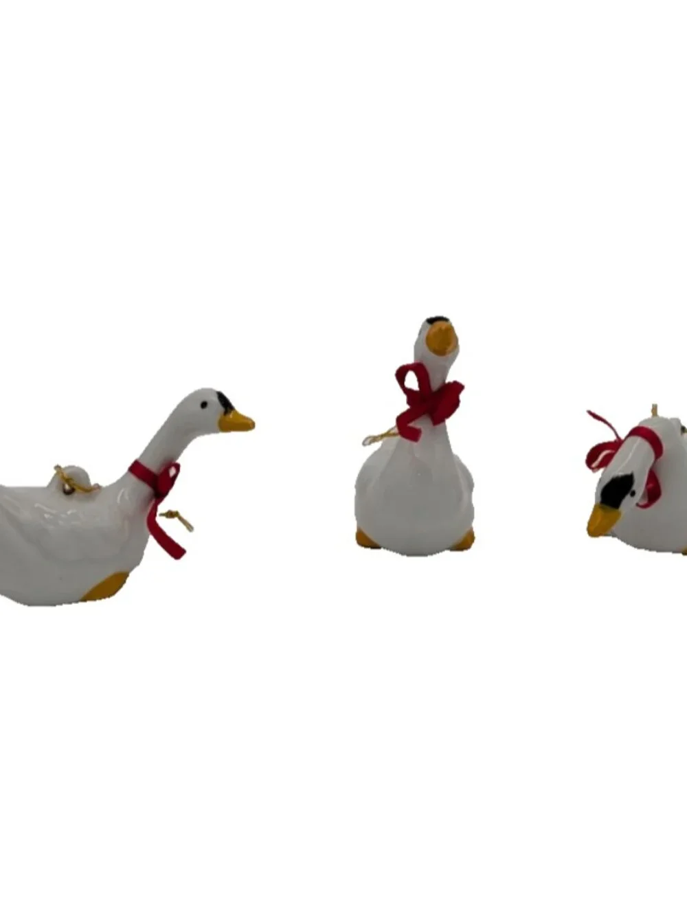 lot of 3 WHITE CERAMIC DUCK GOOSE geese w/RED BOW 2.5” ORNAMENT